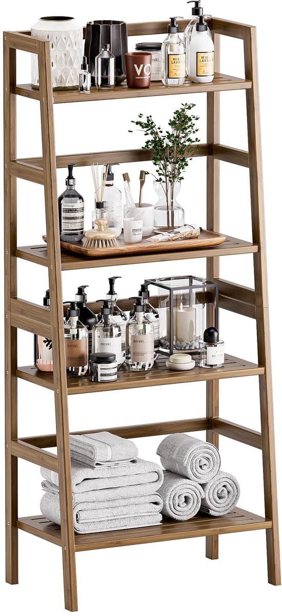 Omgoods - Bamboe Ladder Boekenkast met 4 Open Planken voor Badkamer en Woonkamer