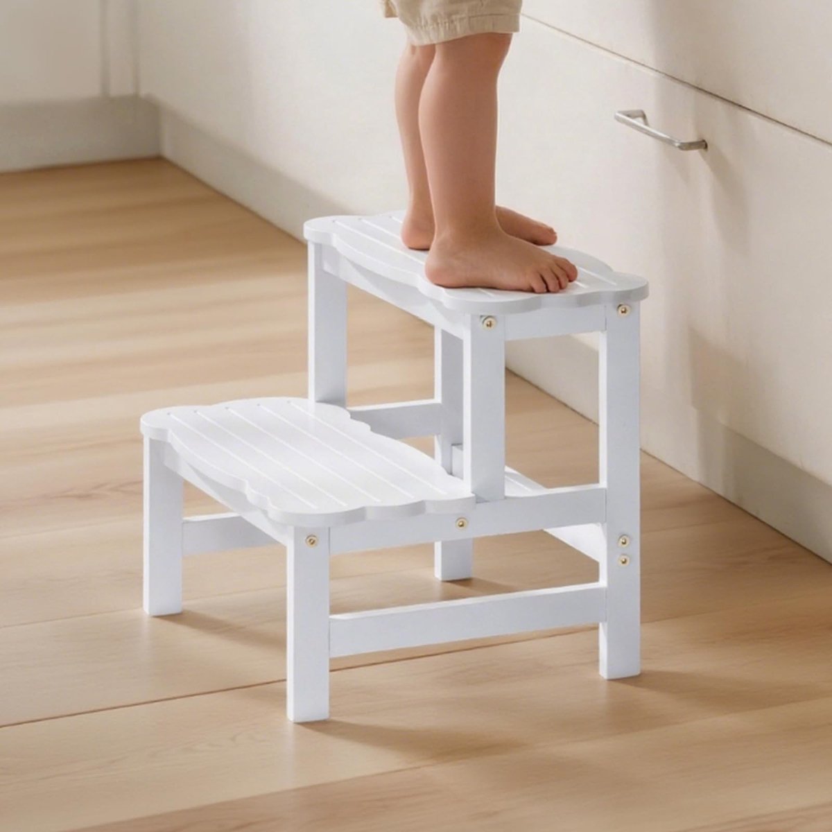 Omgoods - Kinderkruk met 2 Treden - Leerplatform voor Keuken en Badkamer - Antislip - Voor Kinderen vanaf 18 Maanden - Wit