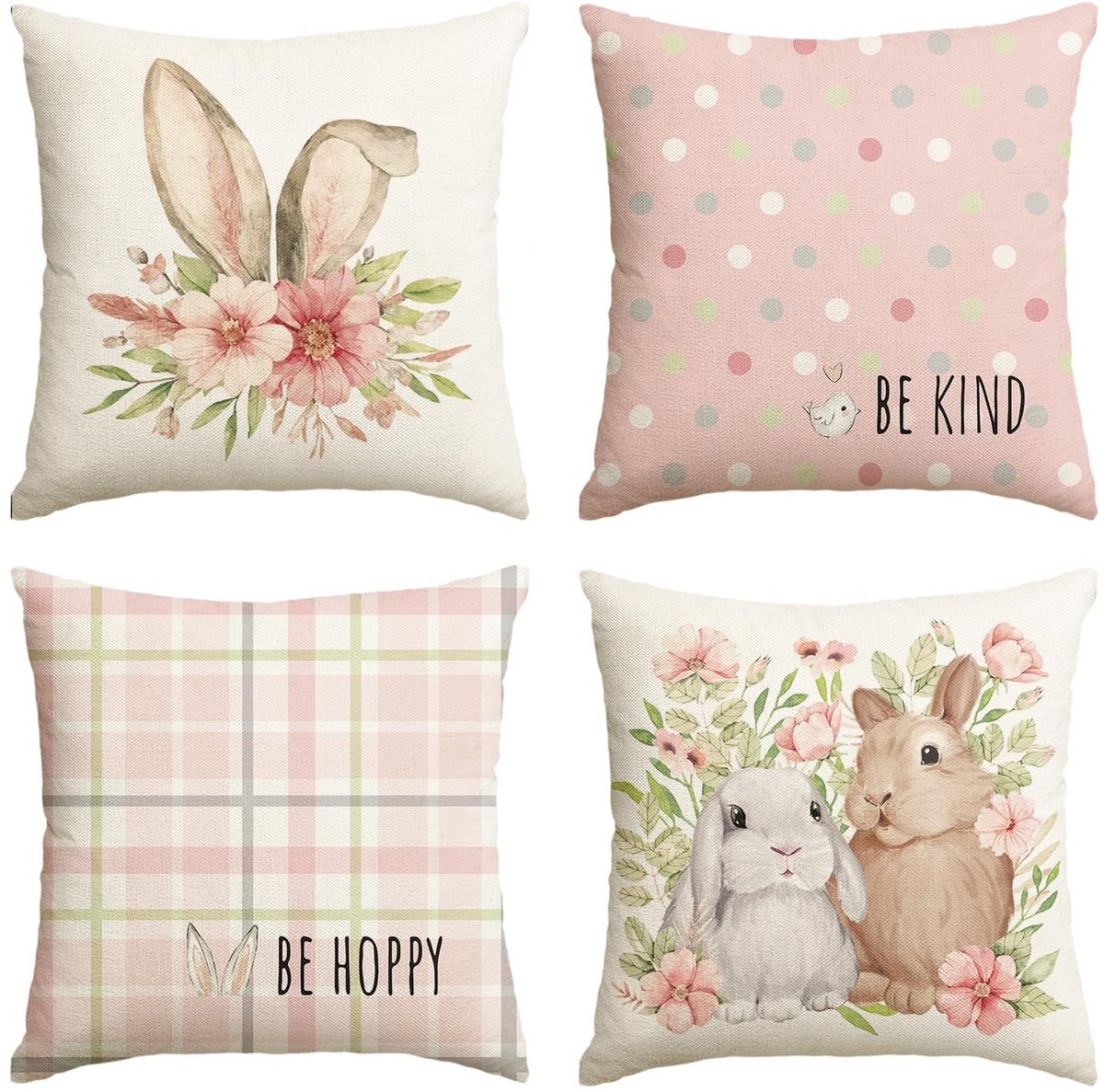 Omgoods - Set van 4 Kussenhoezen - Roze Konijn Oren en Lente Bloemen