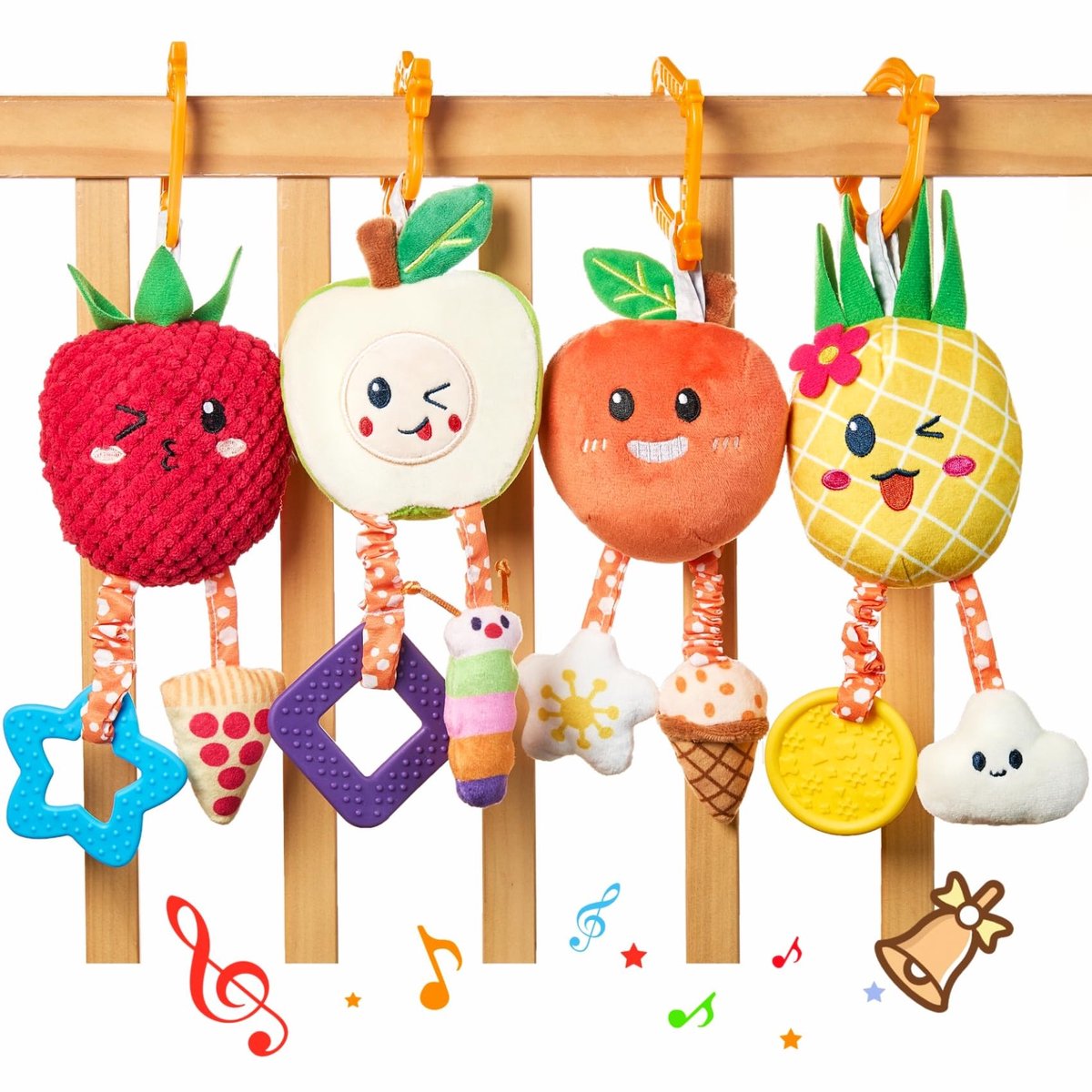 Omgoods- Kinderwagenketting met Bijtbel - Baby Speelgoed 0-12 maanden - Rammelaar - Schattig Fruit - Veilig en Zacht Materiaal - Origineel Ontwerp - Babyspeelgoed