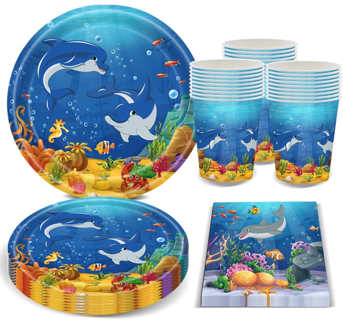 Omgoods - Ocean Themaparty Servies voor 20 Personen met Dolfijnen en Vissen