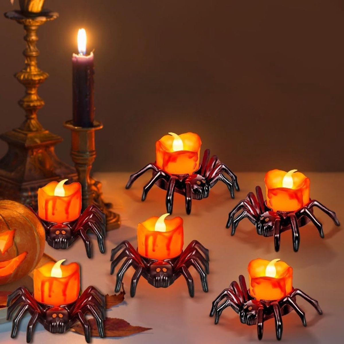 Omgoods - 6 Stuks Halloween LED Theelichten met Spinnen Design