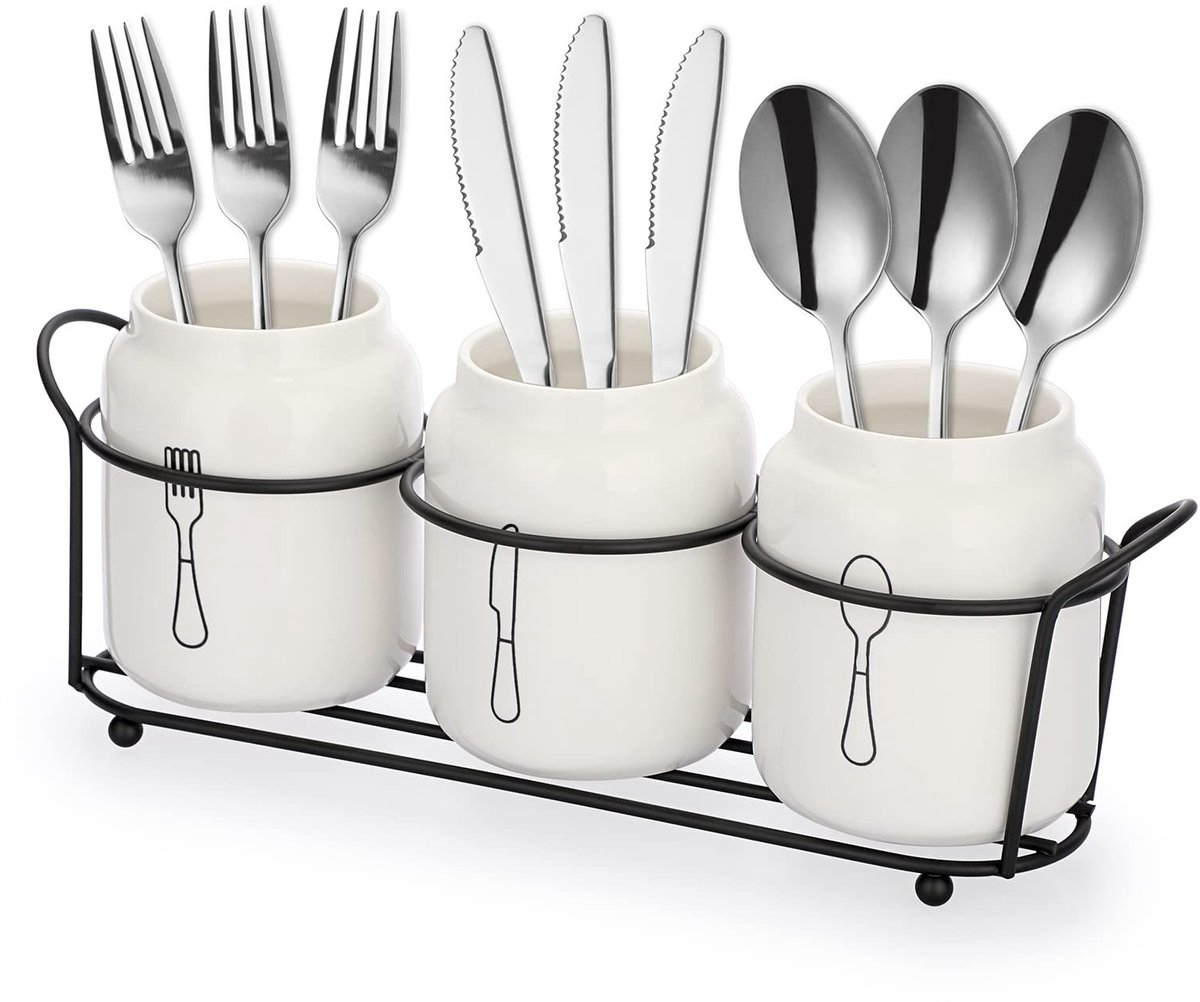 Omgoods - 3-delige Keramische Bestekhouder met Metalen Frame