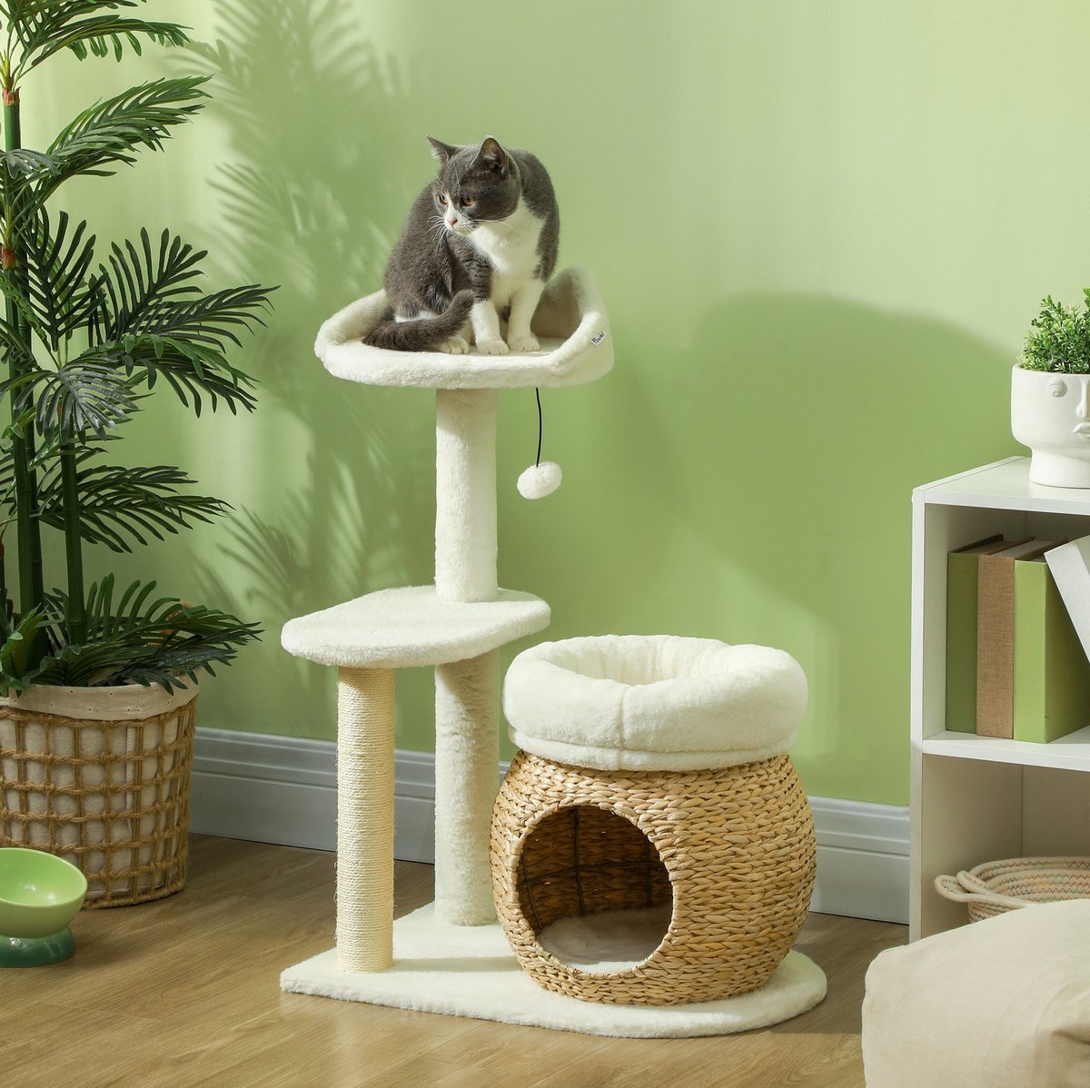 COVREO Krabpaal 79 cm cream white, met kattenhuis, pluche en sisal