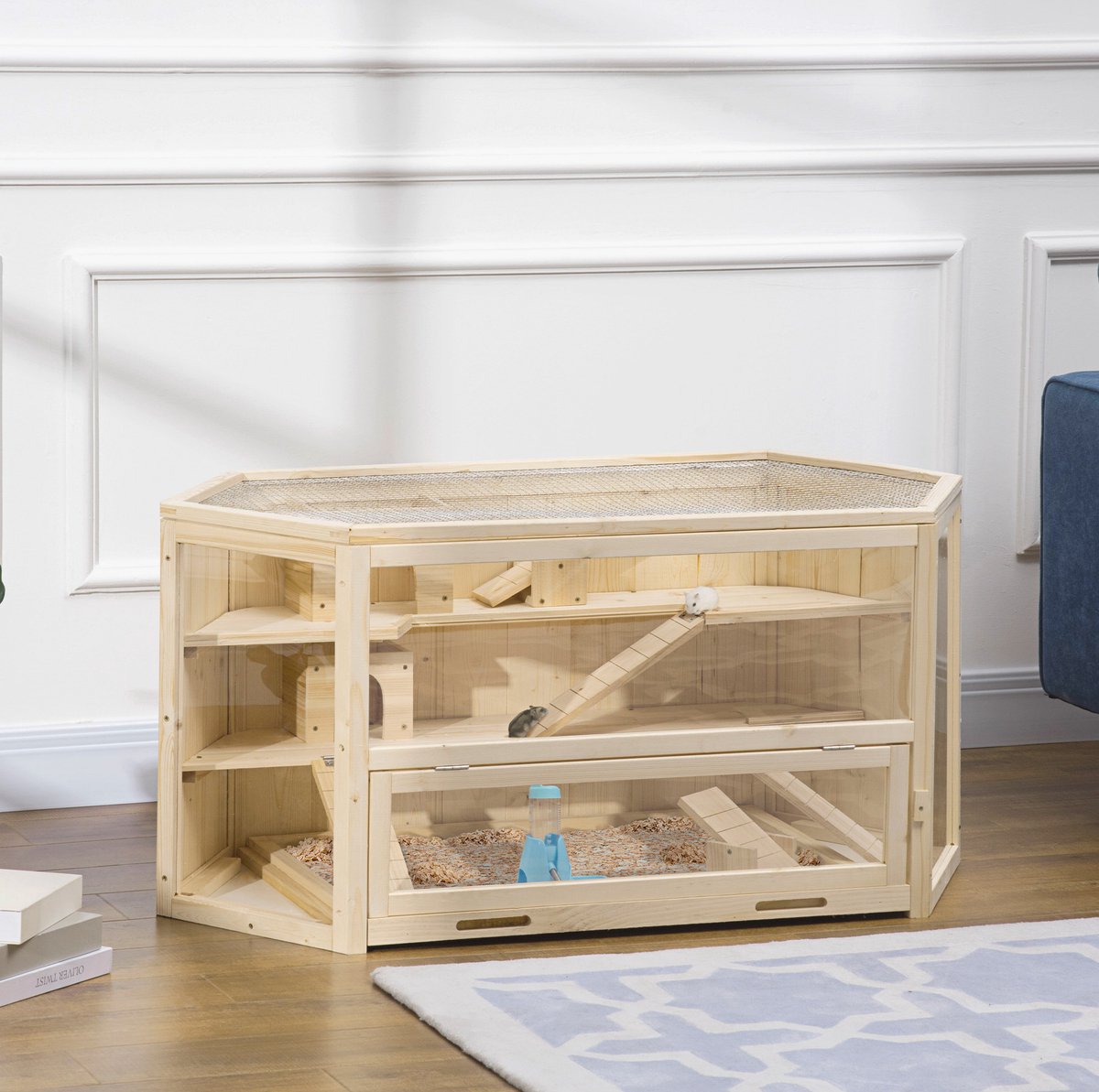 COVREO Knaagdierkooi 115 x 60 x 55 cm naturel hout, opklapbaar met ramp