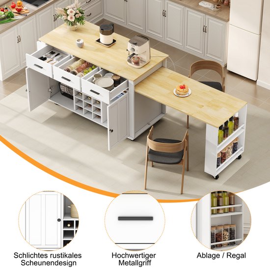 FloraGrace Keukeneiland - Uitschuifbaar Werkblad Met Stopcontact En Usb - 3 Laden En Wijnrek Voor Keuken - Hout - 136x50x93 Cm - Wit Eiken — afbeelding 2