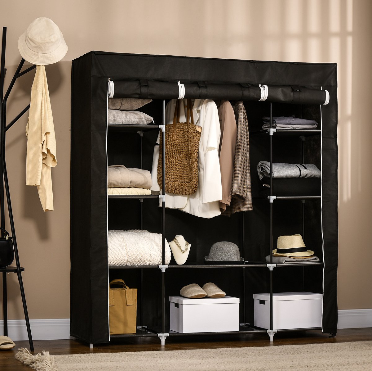 COVREO Stoffen kledingkast 150 x 43 x 162,5 cm zwart, staal met 1 kledingstang