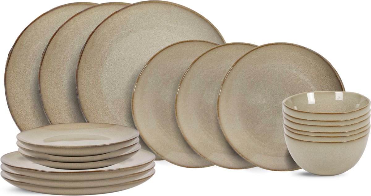 Serviesset Sabi Beige 18-delig – Servies Set 6 Personen – Modern Design Aardewerk – Vaatwasser- & Magnetronbestendig