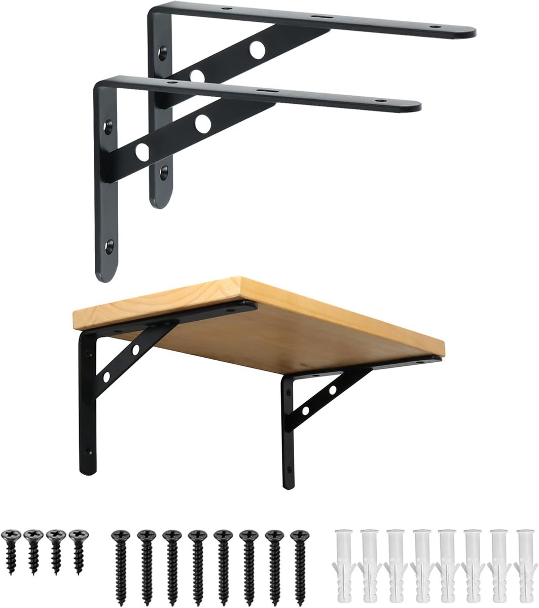 SnelShoppen - Set van 2 Driehoekige Plankhoeken 200 x 140 x 25 mm - Zwart - Robuuste Console voor Planksteunen, Wandplanken en Plankconsoles