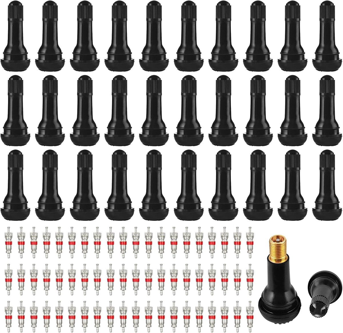 SnelShoppen - 30 Stuks TR414 Auto Ventielen en 60 Ventielkernen - Snap-in Rubber Ventielen voor Banden - Geschikt voor Auto's, Motoren, Fietsen en ATV