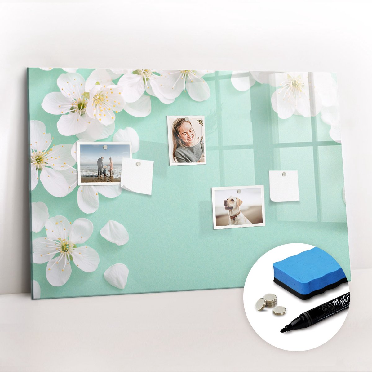 Tulup Whitebord - Bloeiende madeliefjes - 90 x 60 cm - Turkoois Memo Bord - Gratis 5 Sterke Magneten + Whiteboard Marker & Wisser - Minimalistisch Prikbord - Magnetisch Memobord - Organiseer Je Bureau