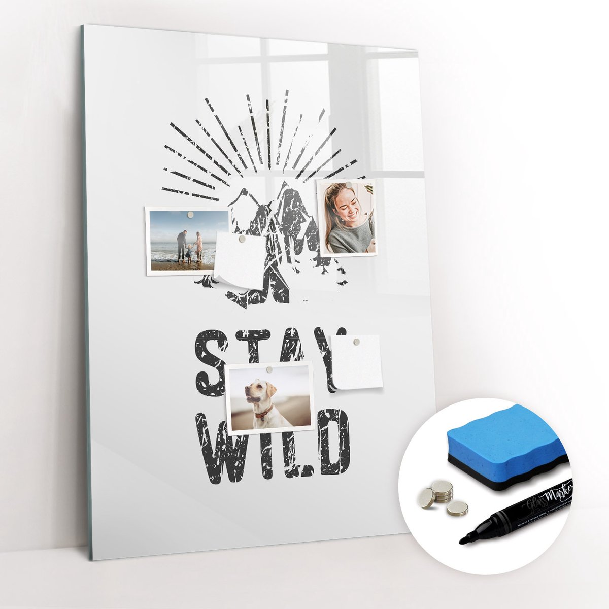 Tulup Whitebord - Stay Wild Mountains - 70 x 100 cm - Zwart-wit Memobord Keuken - Gratis 5 Sterke Magneten + Whiteboard Marker & Wisser - Interieur Accessoires Kantoor - Foto Magneetbord - Productiviteit Tools