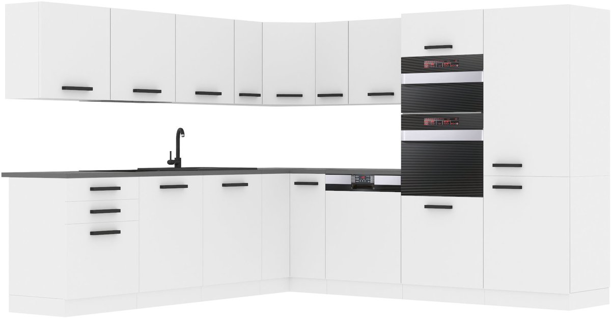 BELINI L-Vorm Keukenblok JANE - Keukenmeubel Set 480 cm Wit Mat met Werkbladen - Boven- en Onderkasten