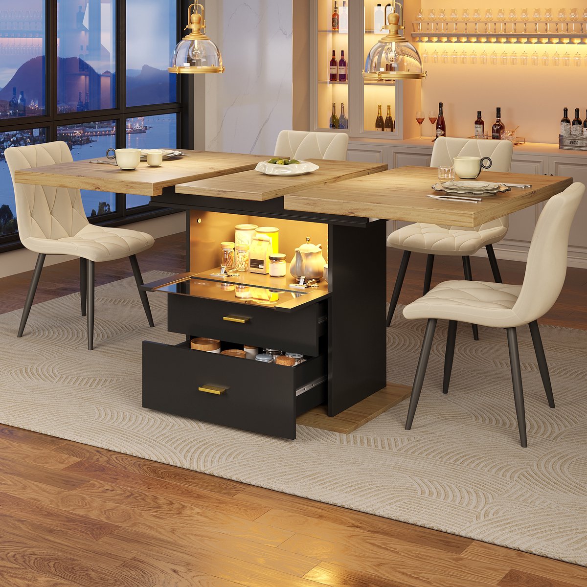 KOMHTOM - Uitschuifbare Eettafel - Houten Tafel met LED-verlichting - 110/140 x 80 x 75 cm - Voor Eetkamers, Keukens en Terrassen - Geschikt voor 6 Personen
