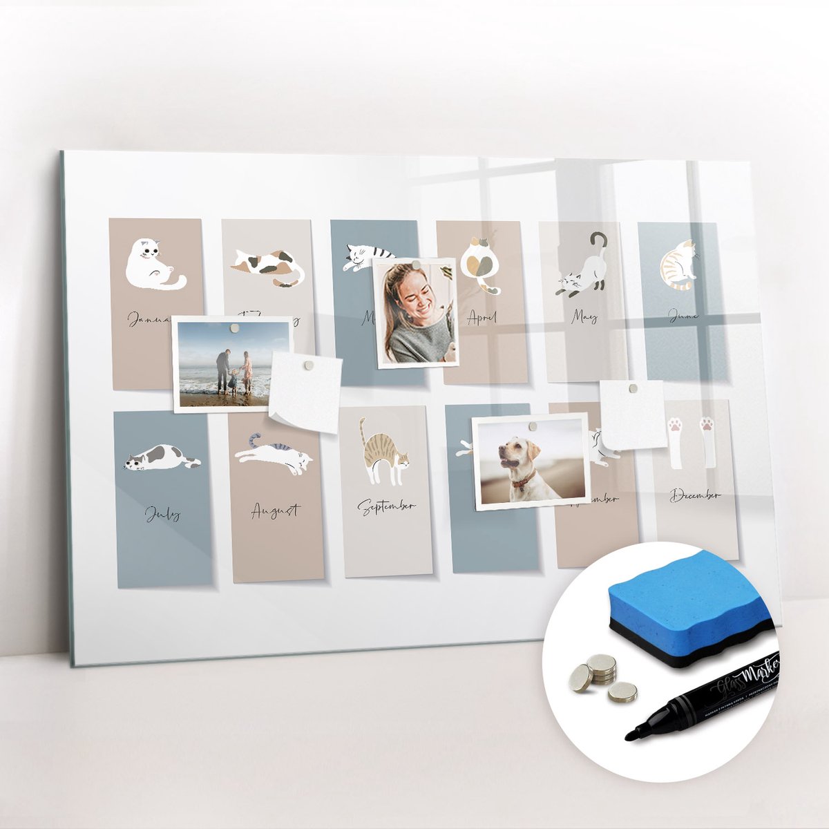Tulup Whitebord - Kattenkalender - 90 x 60 cm - Beige Magneetbord Muur - Gratis 5 Sterke Magneten + Whiteboard Marker & Wisser - Minimalistisch Prikbord - Magnetisch Memobord - Organiseer Je Bureau