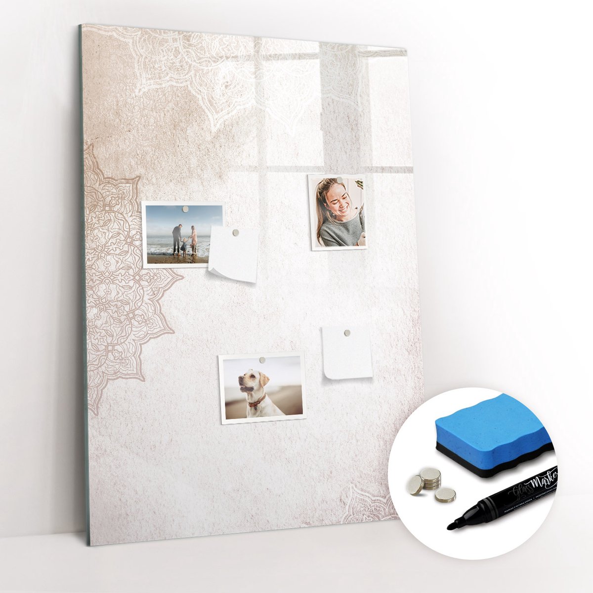 Tulup Whitebord - Mandala's - 70 x 100 cm - Beige Magnetisch Memobord - Gratis 5 Sterke Magneten + Whiteboard Marker & Wisser - Decoratief Magnetisch Bord - Magneetbord Rechthoekig - Productiviteit Tools