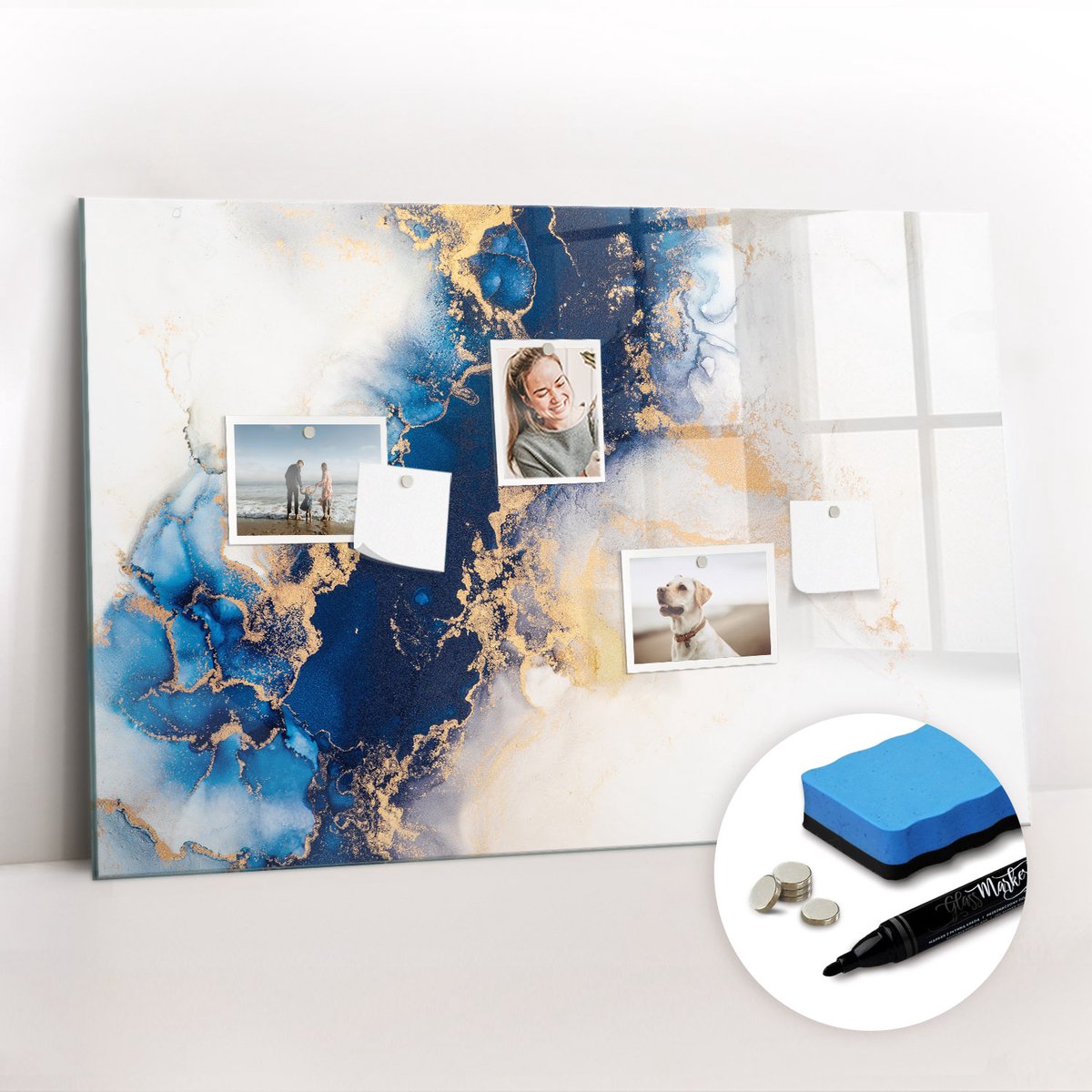Tulup Whitebord - Marmerpatroon - 90 x 60 cm - Veelkleurig Magneetbord Muur - Gratis 5 Sterke Magneten + Whiteboard Marker & Wisser - Scandinavisch Design Bord - Memobord Glas - Notitiebord Werkplek