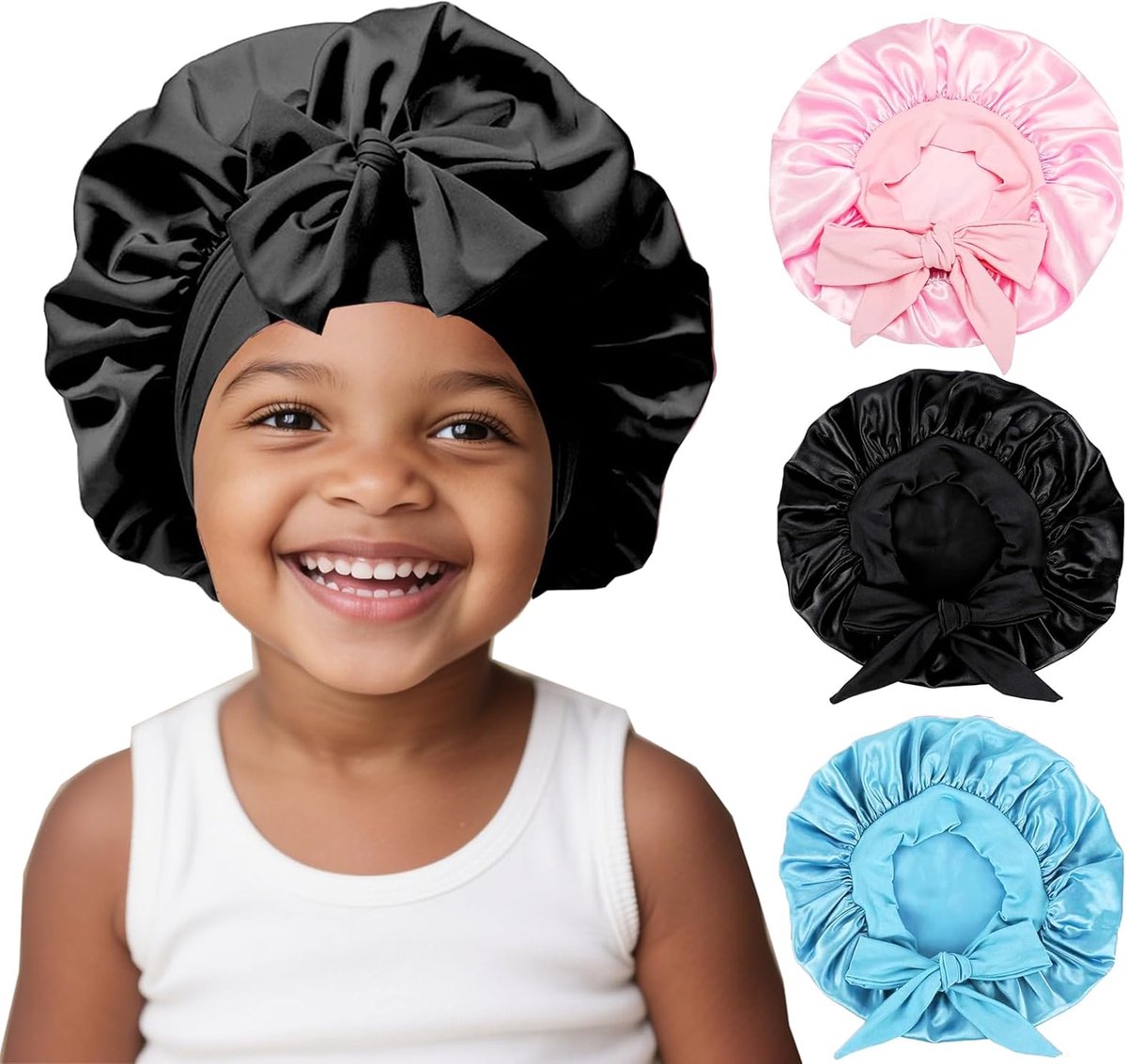 SnelShoppen - Set van 3 Kinderslaapmutsen, Satijnen Baby Nachtmutsen voor Krullend Haar, Met Brede Elastische Band, Geschikt voor Jongens en Meisjes,