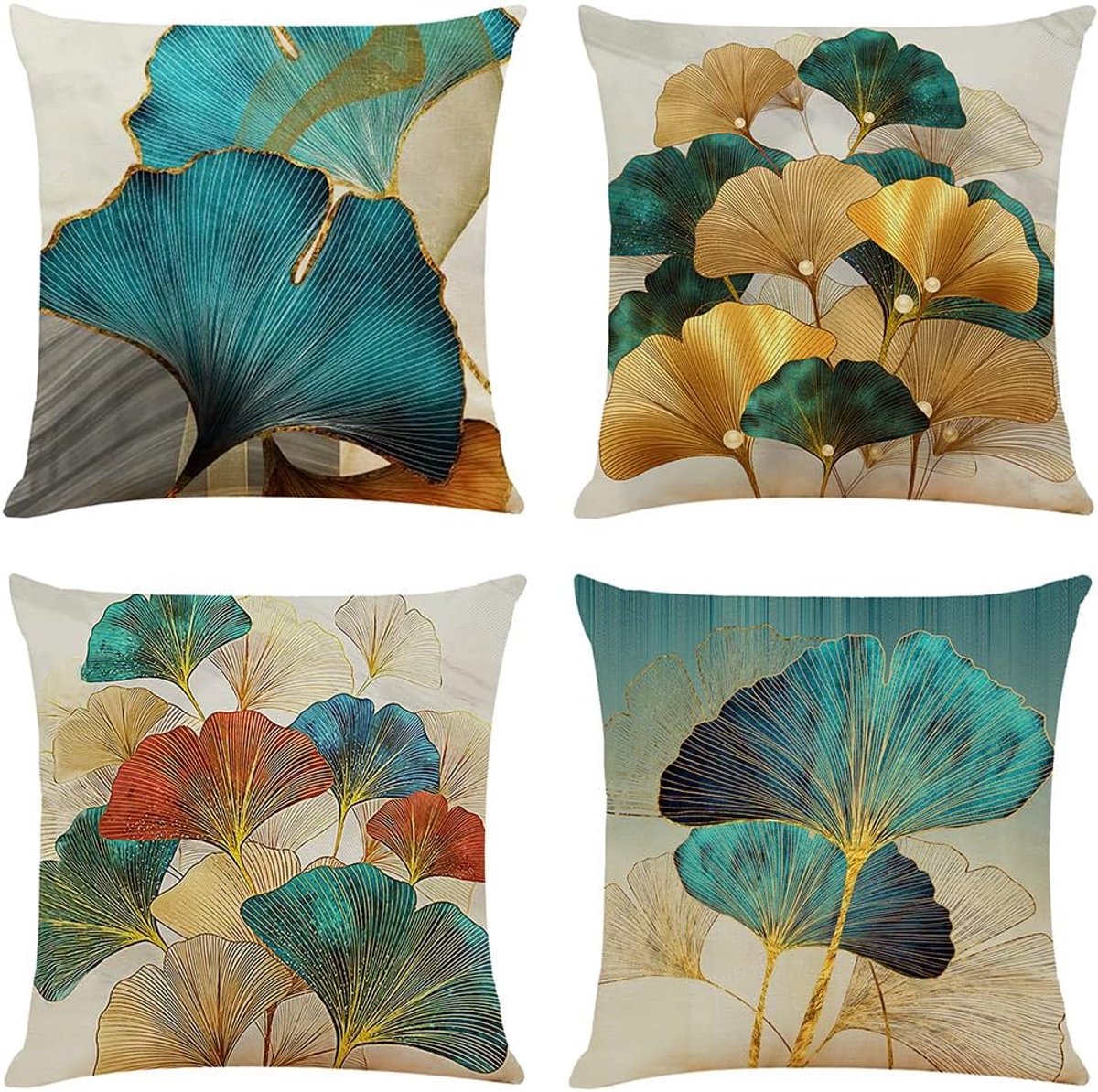 SnelShoppen - Set van 4 kussenslopen 50 x 50 cm, linnen, jungle design, decoratieve kussenhoezen in goud en petrol, landelijke stijl, natuurlijke kuss