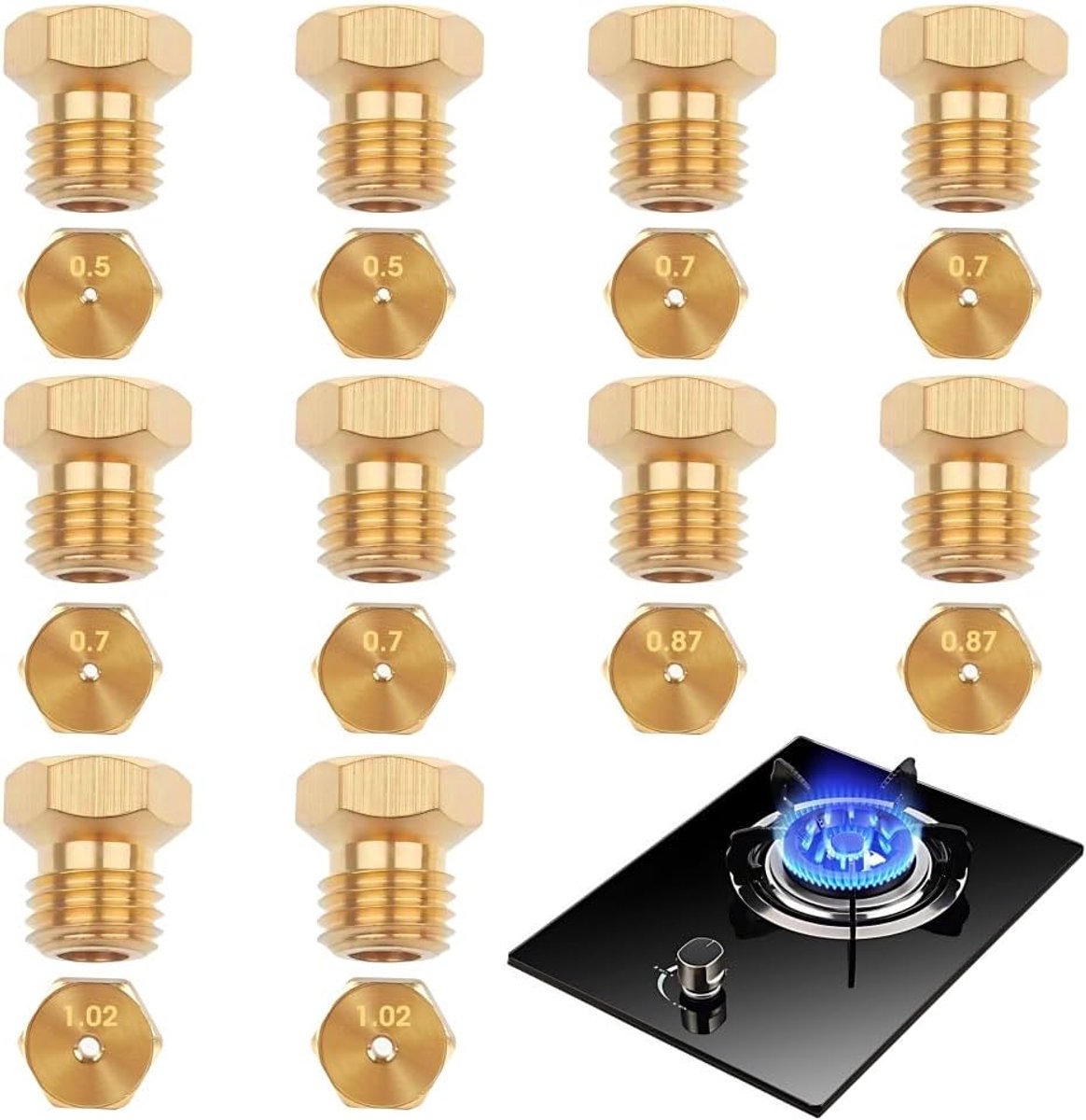 10 stuks universele butaangassproeiers ombouwset gasinjector sproeier fles voor gasfornuis propaangasbrander LPG fles sproeier brander 0,5 mm x 2 0,7 mm x 4 0,87 mm x 2 1,02 mm x 2