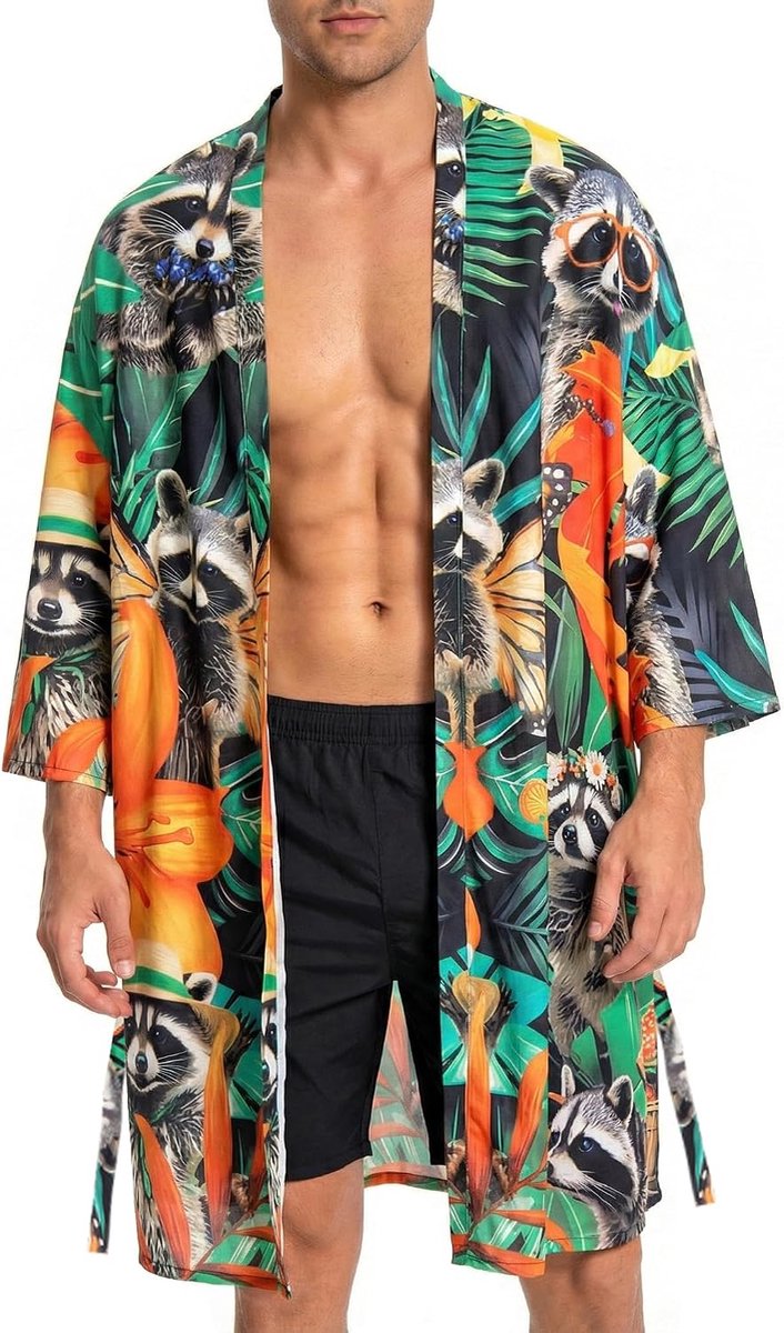 Mannen Lichtgewicht Kimono Robe met Riem Japanse Stijl Gewaad Jas Unisex Casual Open Front Lange Vest Cape Jas Uitloper, Wasbeer, S