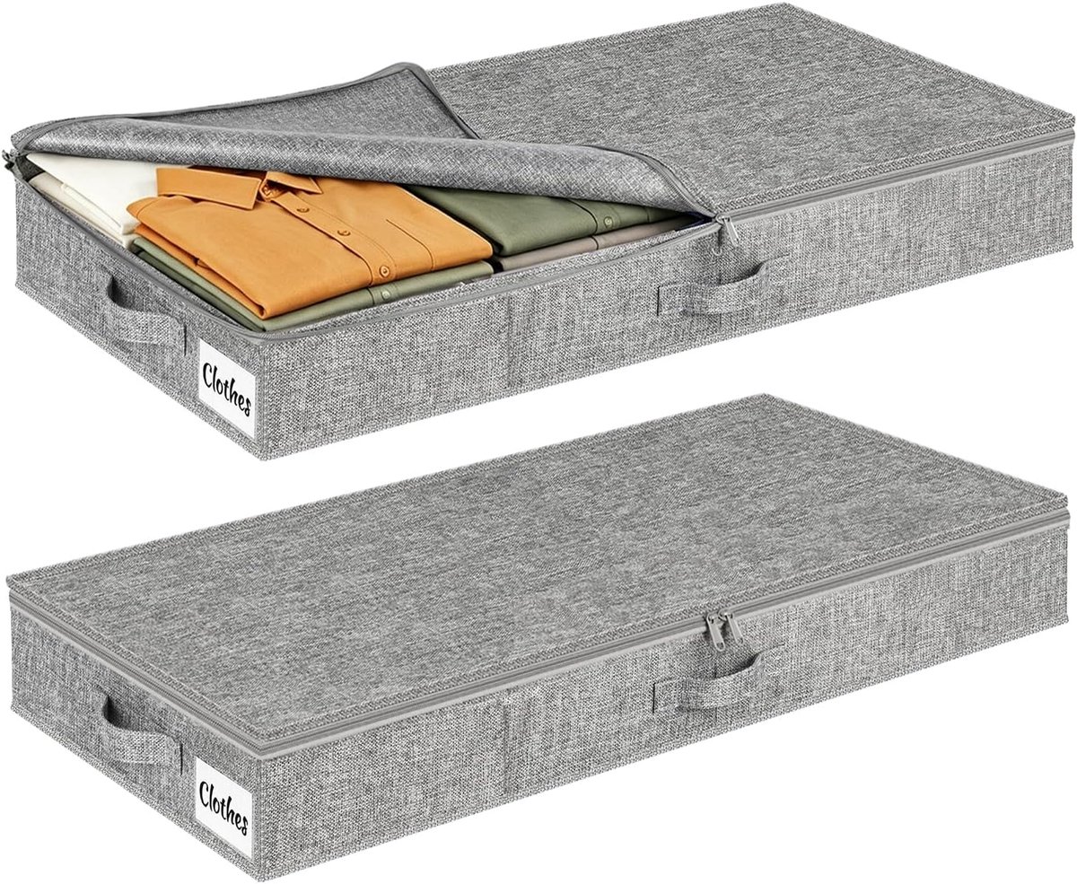Opbergboxen voor Onder het Bed met Ritsdeksel, 40L Platte Opberger, Stevige Zijkanten en Bodem, Opvouwbaar, voor Kleding, Dekbedden en Beddengoed, 2 Stuks, Grijs