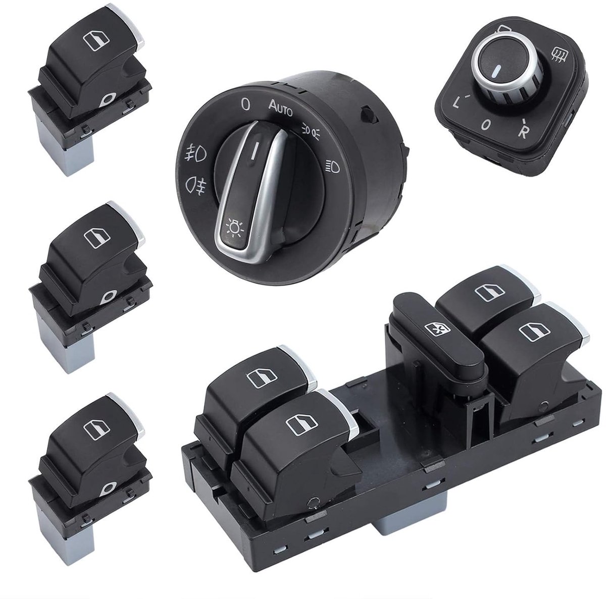 Set van 6 stuks raambedieningsschakelaars koplamplichtschakelaar raam spiegelset voor VW Golf 5 6 Passat 3C chroom, OEM: 5ND959857 5ND941431B 5ND959565A 5ND959855