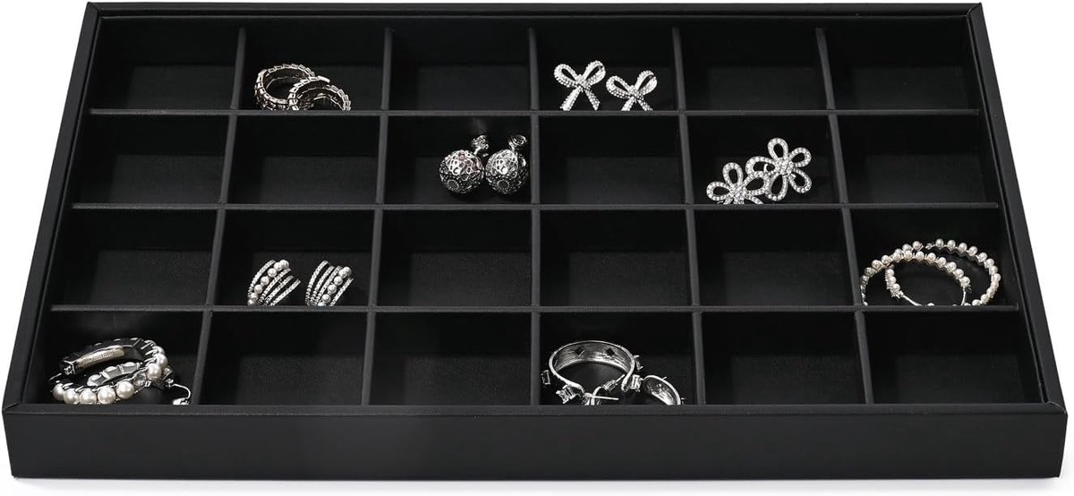 Zwart lederen 24 Roosters Sieradendienblad voor horloges, armbanden, sieraden, ringen, oorbellen