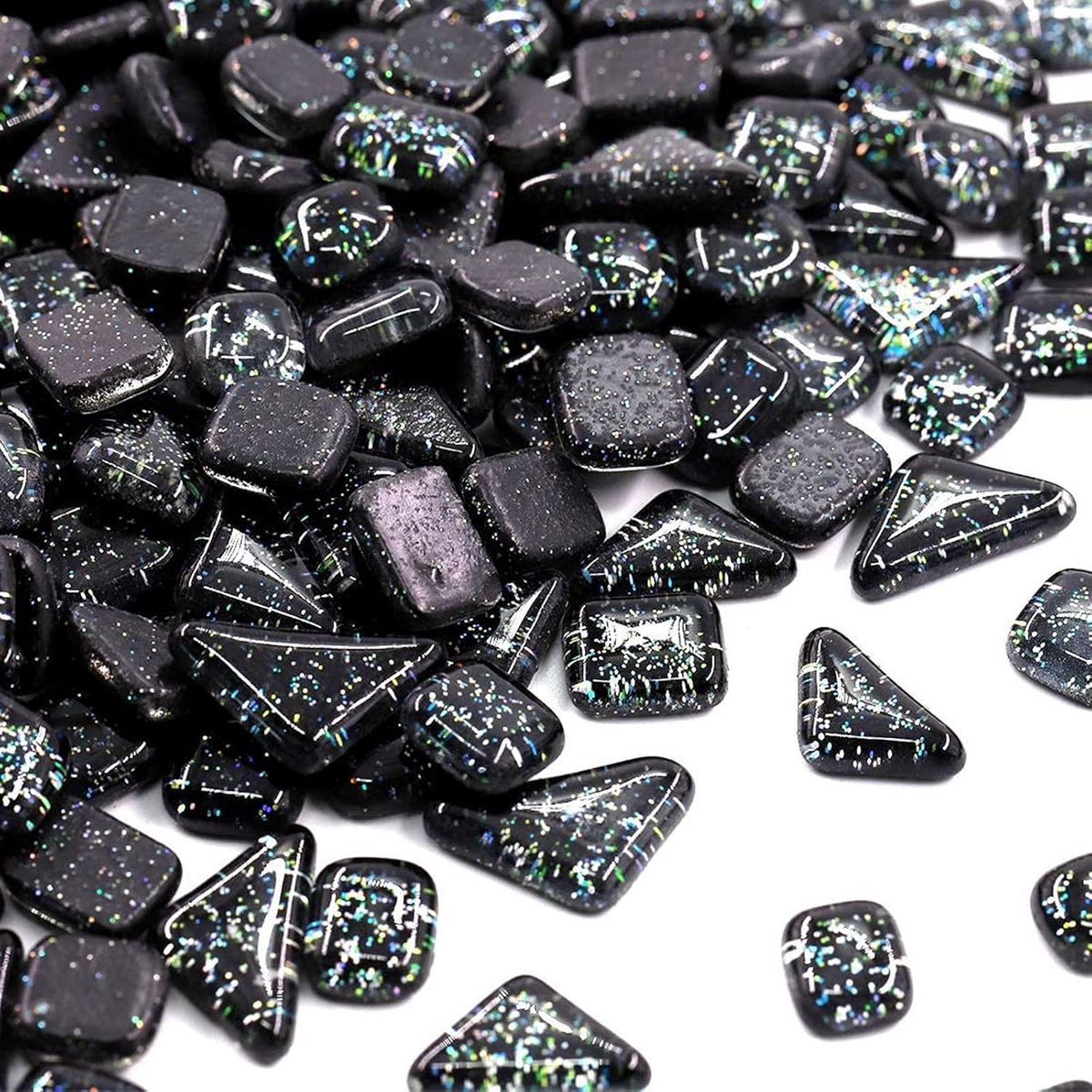 200g Glasmozaïek Tegels Glitter Kristal Vierkant en Driehoek Mozaïek Stenen Glazen Stukken voor Woondecoratie of Ambachten (Zwart)