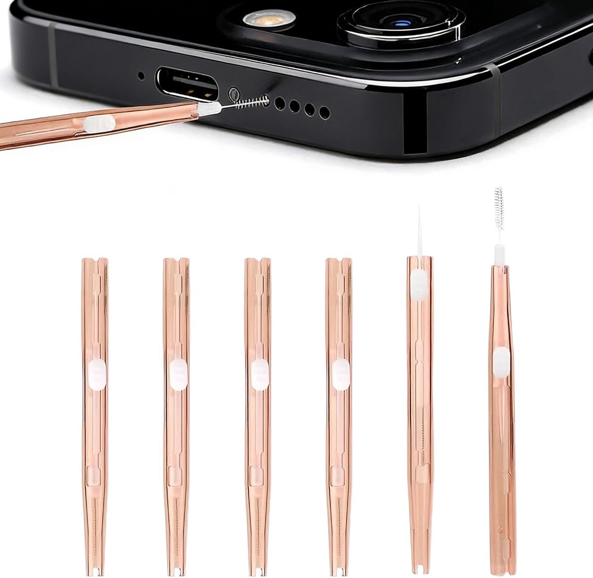 6-delig oplaadpoort reinigingsset, dubbele borstelhaak, oplaadpoortreiniger voor mobiele telefoons, opladers en douchekoppen (Bruin)