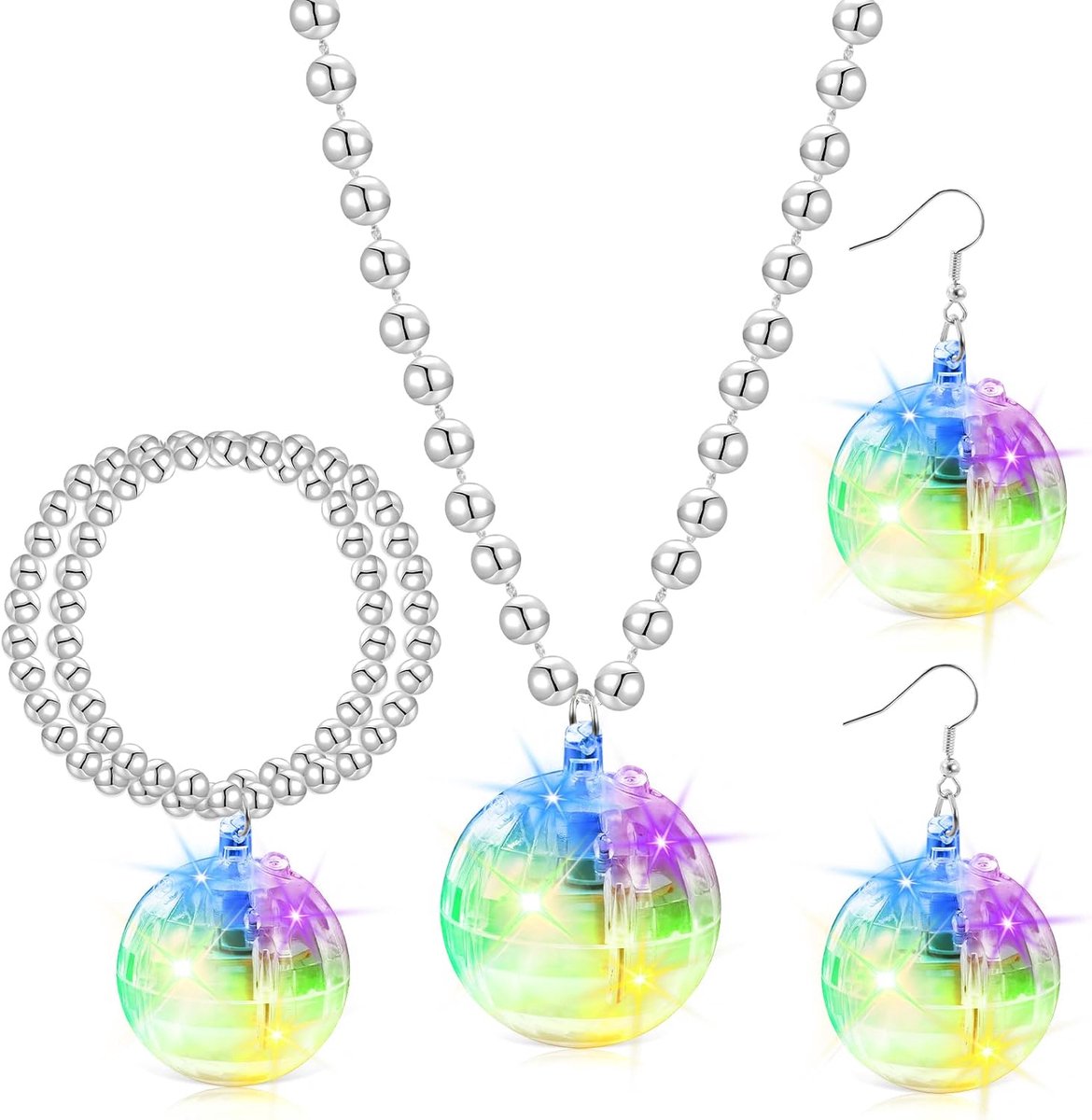 Disco Ball Oorbellen, Ketting & Armband Set, Verlicht Disco Fancy Dress Accessoires voor 70s 80s Feestgunsten Dans Halloween Kerstmis