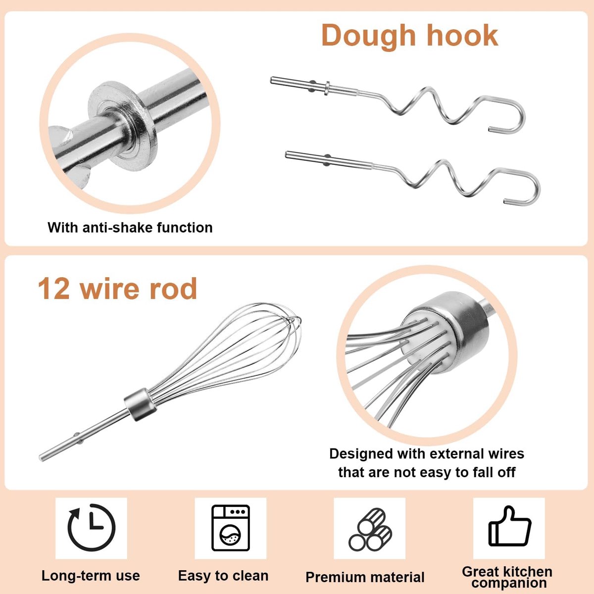 2st Handmixer Deeghaken voor Kitchenaid, Roestvrijstalen Deeghaak Kloppers Vervanging met 1st Draadstaaf Handmixer Garde-Opzetstukken voor Kitchenaid KHM 5KSM KSM KSMO KSMH thumbnail 3
