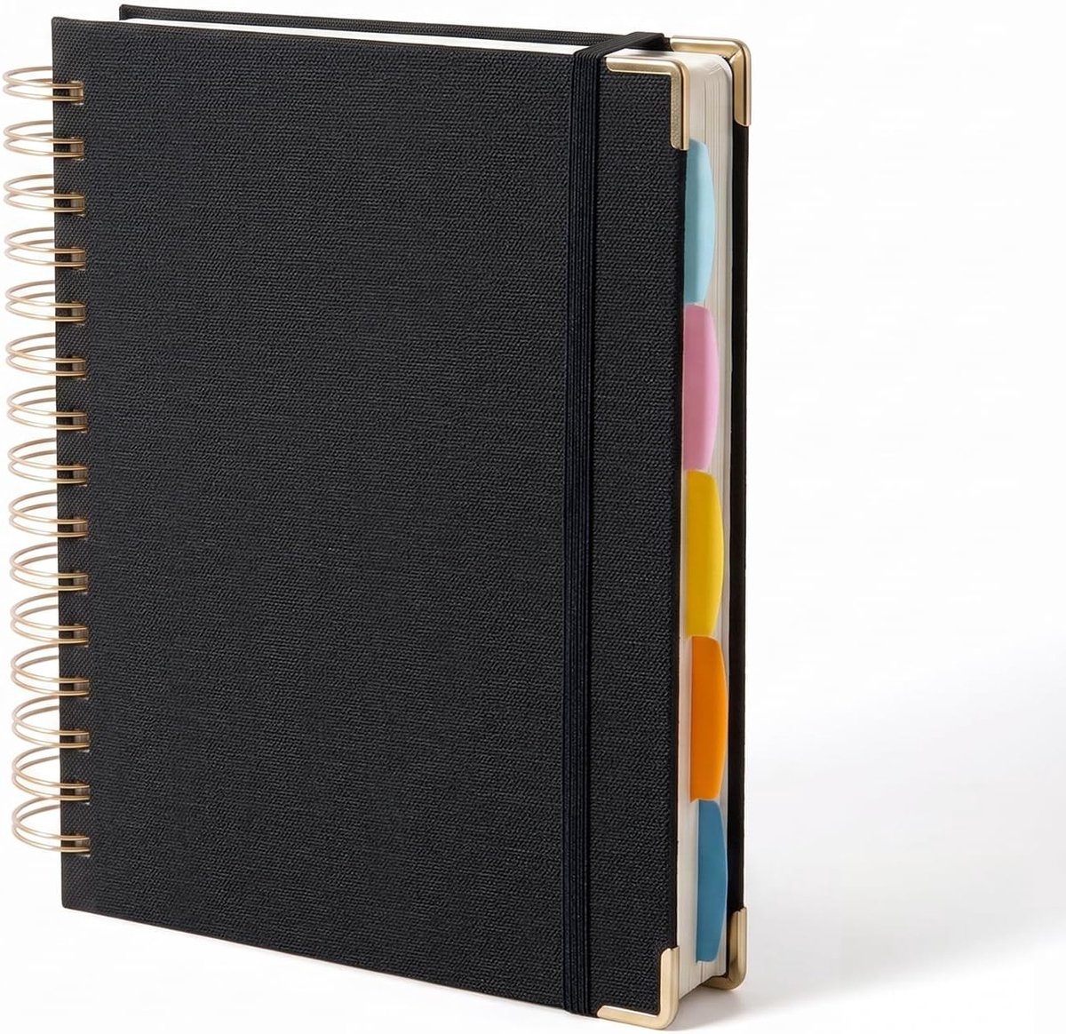 Notitieboek met 5 Verdelers, 300 Pagina's, 100 g/m² Crèmepapier | Harde kaft met linnenlook, 5 verplaatsbare verdelers, transparant vak, elastiek en 150 vellen met 7 mm liniëring