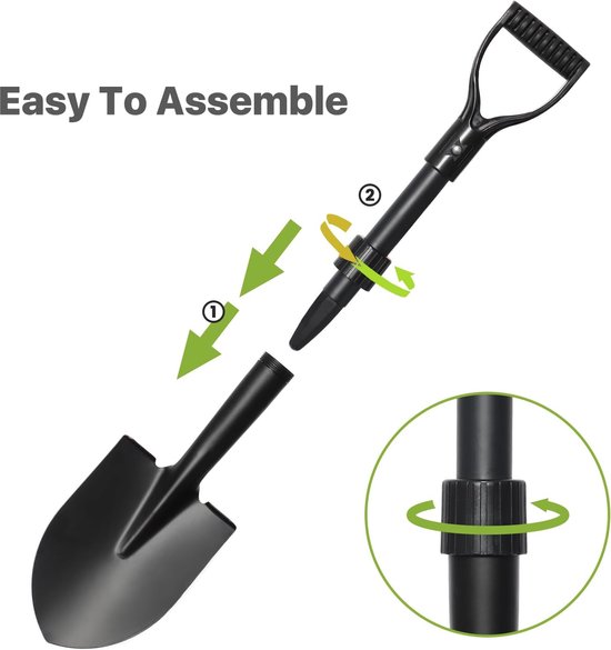 28 inch schoppen om zwaar te graven, kleine schop met D-handvat, puntige schop voor kamperen, randen, strandzand, metalen tuinschep met glasvezelschacht, draagbare mini-schep, zwart — afbeelding 4