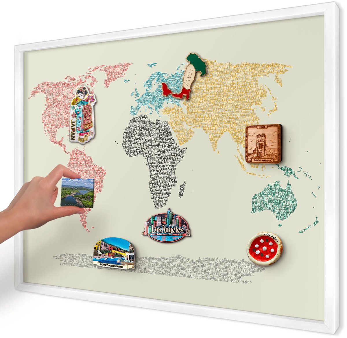 Artprintcave Beige Magneetbord mit Witte Lijst - 70x50 cm - Wereldkaart Magneet Bord mit Frame - Typografisch Memobord Keuken - Kaarten
