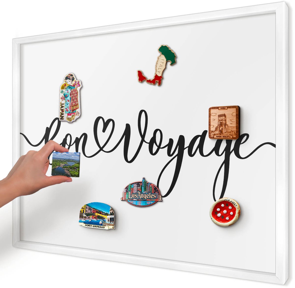 Artprintcave Zwart Magneetbord mit Witte Lijst - 70x50 cm - Goede Reis Bord Voor Magneten - Typografisch Magneet Bord mit Frame - Teksten