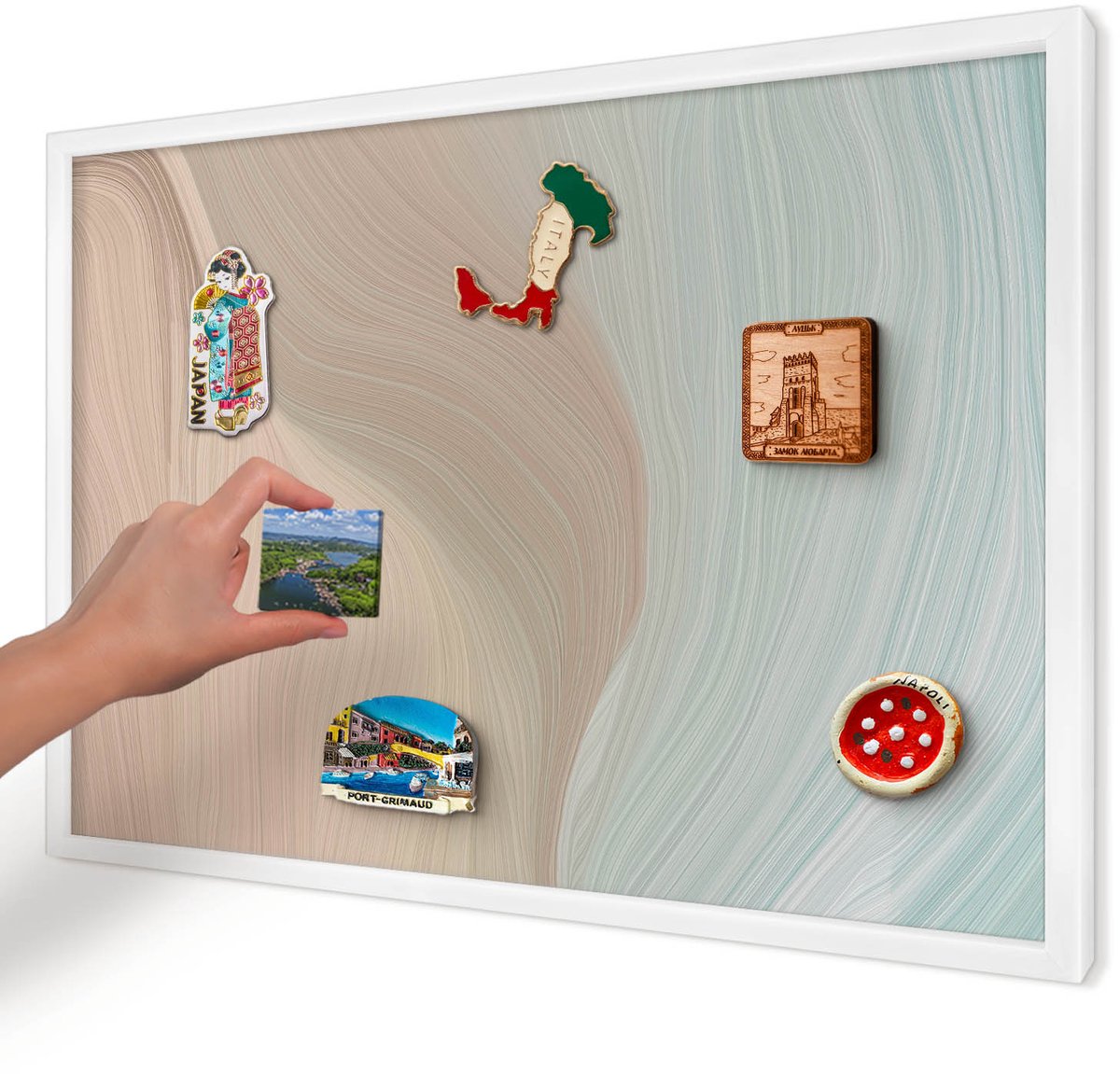 Artprintcave Beige Magneetbord mit Witte Lijst - 60x40 cm - Pastelkleurige Werveling Magneetbord Voor Foto's - Abstract Notitiebord - Abstractie