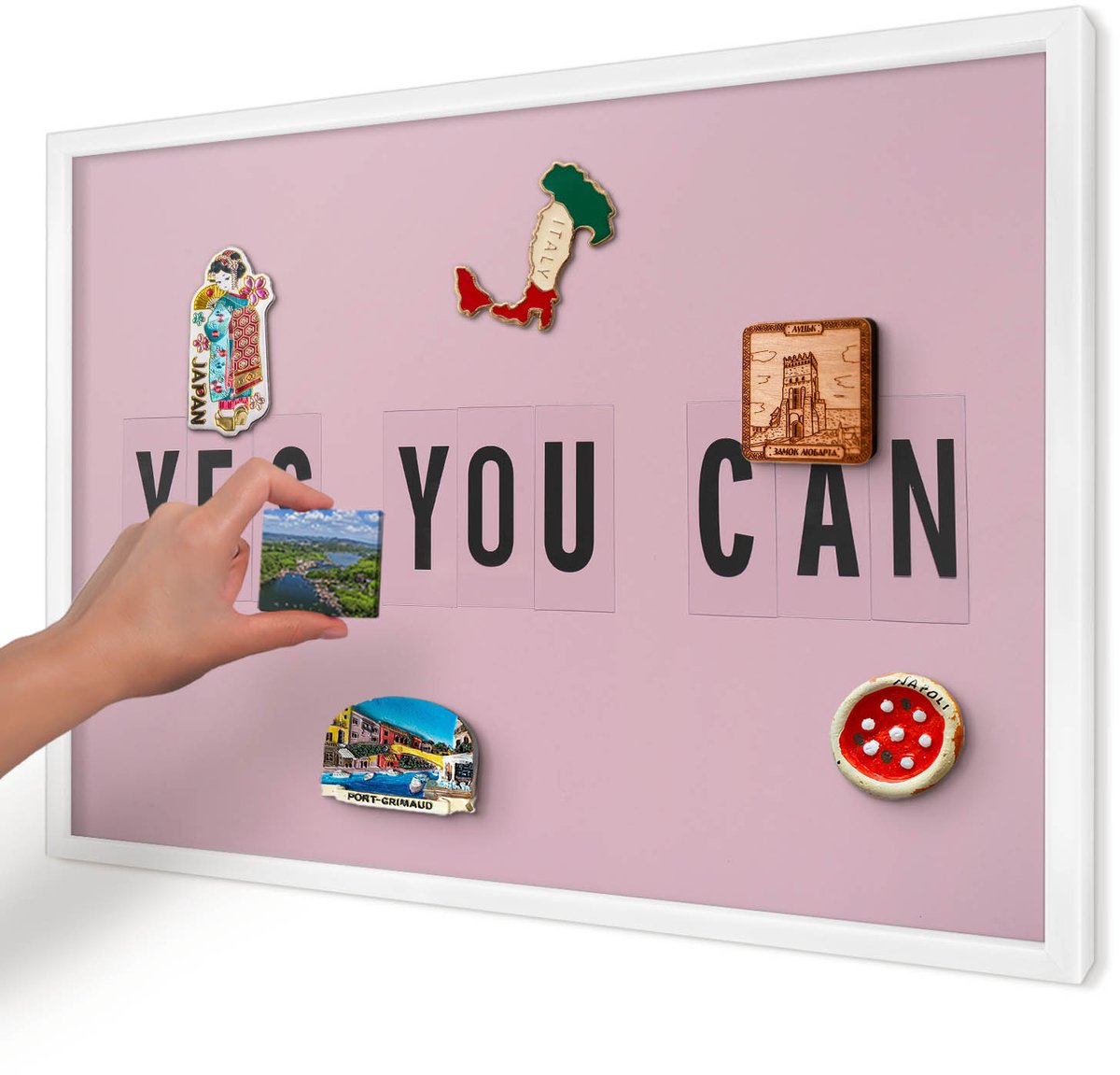 Artprintcave Roze Magneetbord mit Witte Lijst - 60x40 cm - Motivatie Elke Dag Magneetbord Voor Keuken - Minimalist Notitiebord - Teksten
