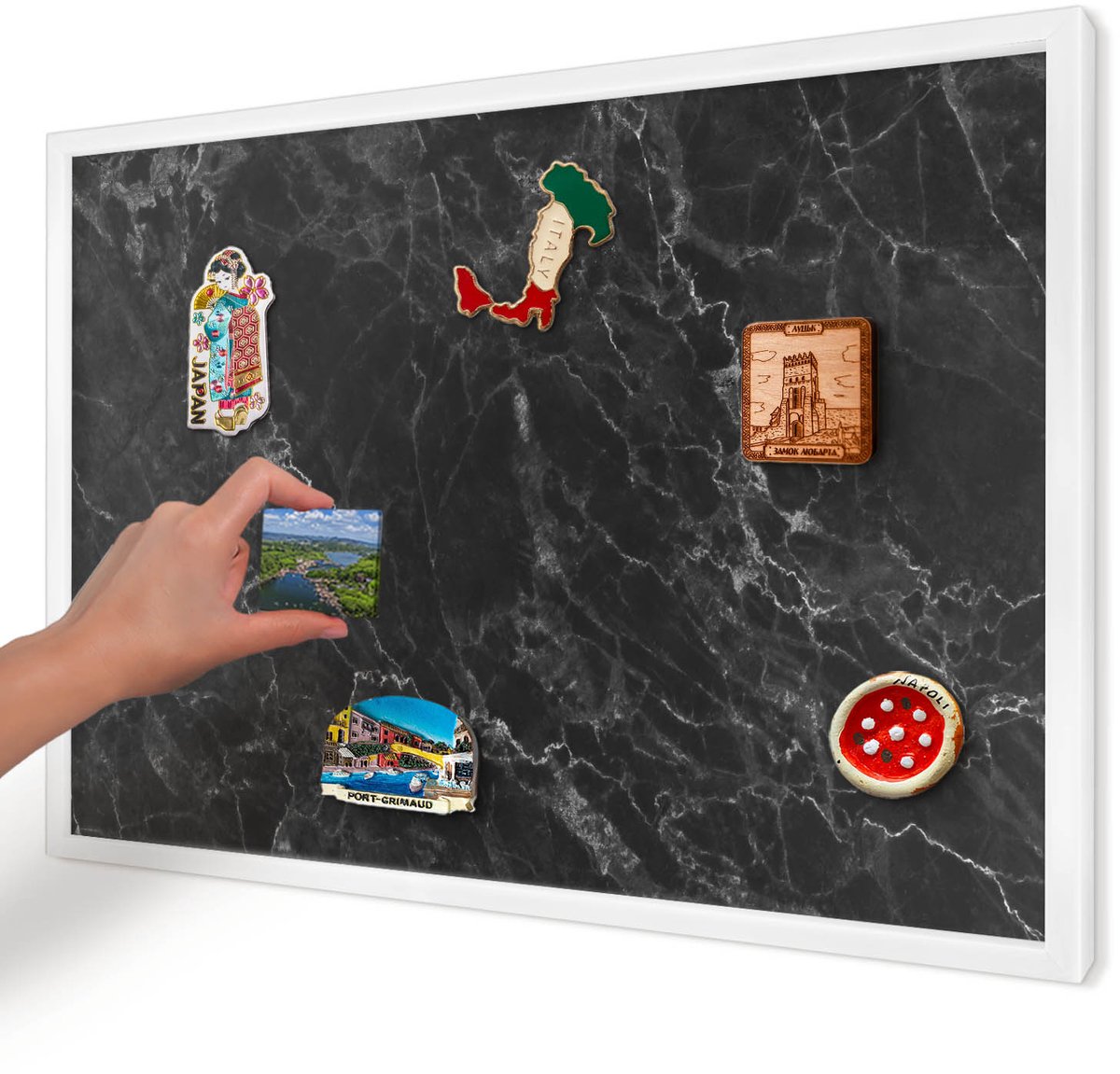 Artprintcave Zwart Magneetbord mit Witte Lijst - 60x40 cm - Zwart Marmer Memobord Keuken - Minimalist Magneetbord Voor Foto's - Texturen