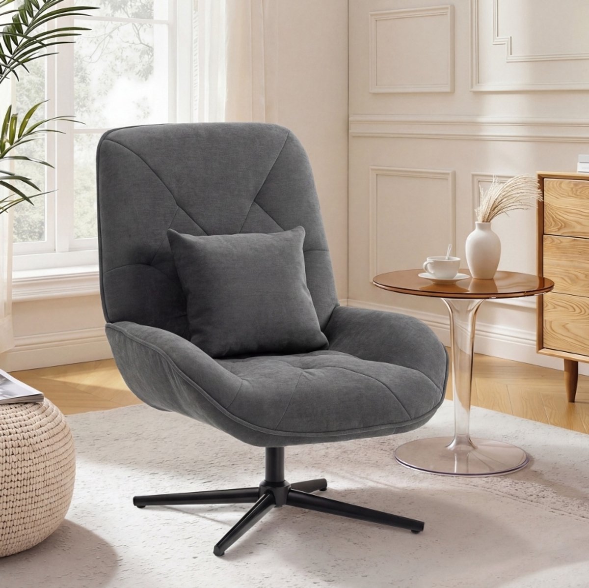REDOM - Fauteuil - Draaibaar - Chenille bekleding met lendenkussen - Hoge rugleuning - Met armleuningen - Metalen kruisvoet - Donkergrijs - 72 x 92 x 96 cm