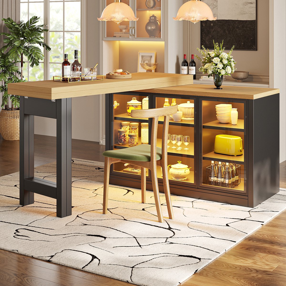 FloraGrace Eettafel - Uitschuifbaar En 360 Graden Draaibaar Met Opbergkast En Verlichting - Voor Keuken En Eethoek - MDF Glas - 197x40x72 Cm - Zwart