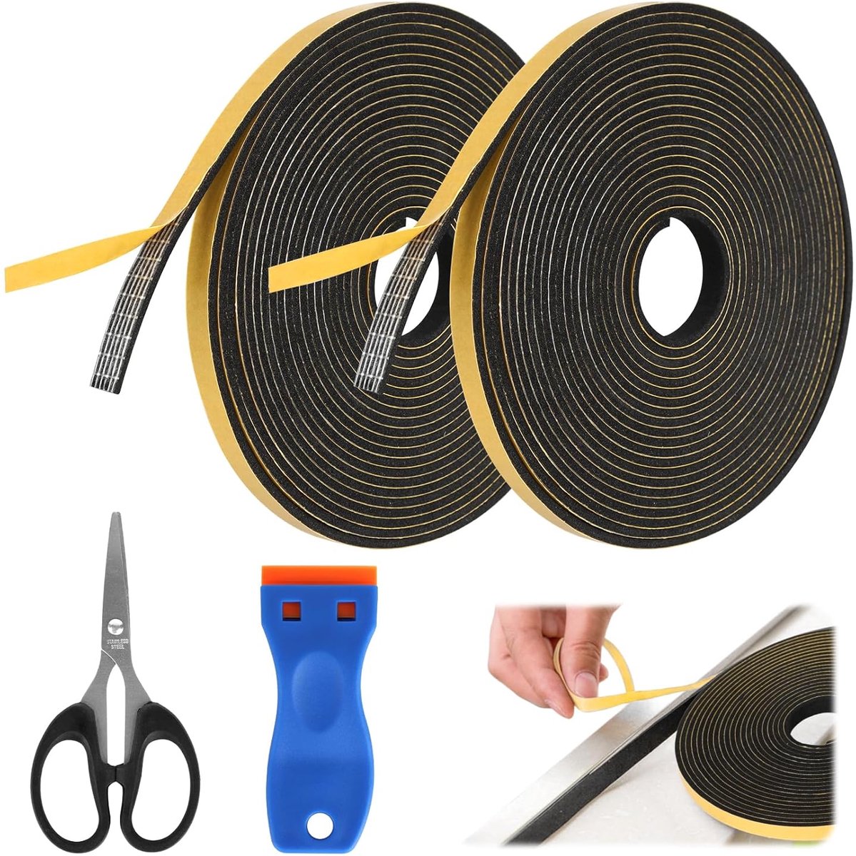 SnelShoppen - 2 Rollen Zelfklevend Sealing Tape 5m x 7mm x 2mm Foam Rubber met Schaar en Handgreep voor Ramen, Fornuis en Ingebouwde Wasbakken