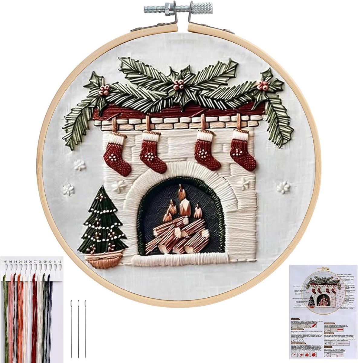 Kerstborduurset, Kerstmis kruissteekkits voor volwassenen en beginners, doe-het-zelf handgeborduurde kruissteek met borduurring, doe-het-zelf naaldpuntenset inclusief hoepeldoek naalden draden