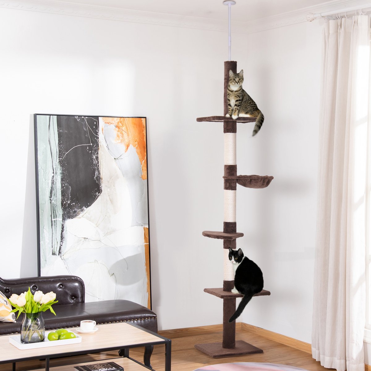 DESMIU Krabpaal – Hoogte Instelbaar 230 Tot 260 Cm – 40 x 34 Cm – Spaanplaat Met Sisal En Pluche – Bruin – Voor Klimmen Krabben Rusten En Spelen – 5 Niveaus