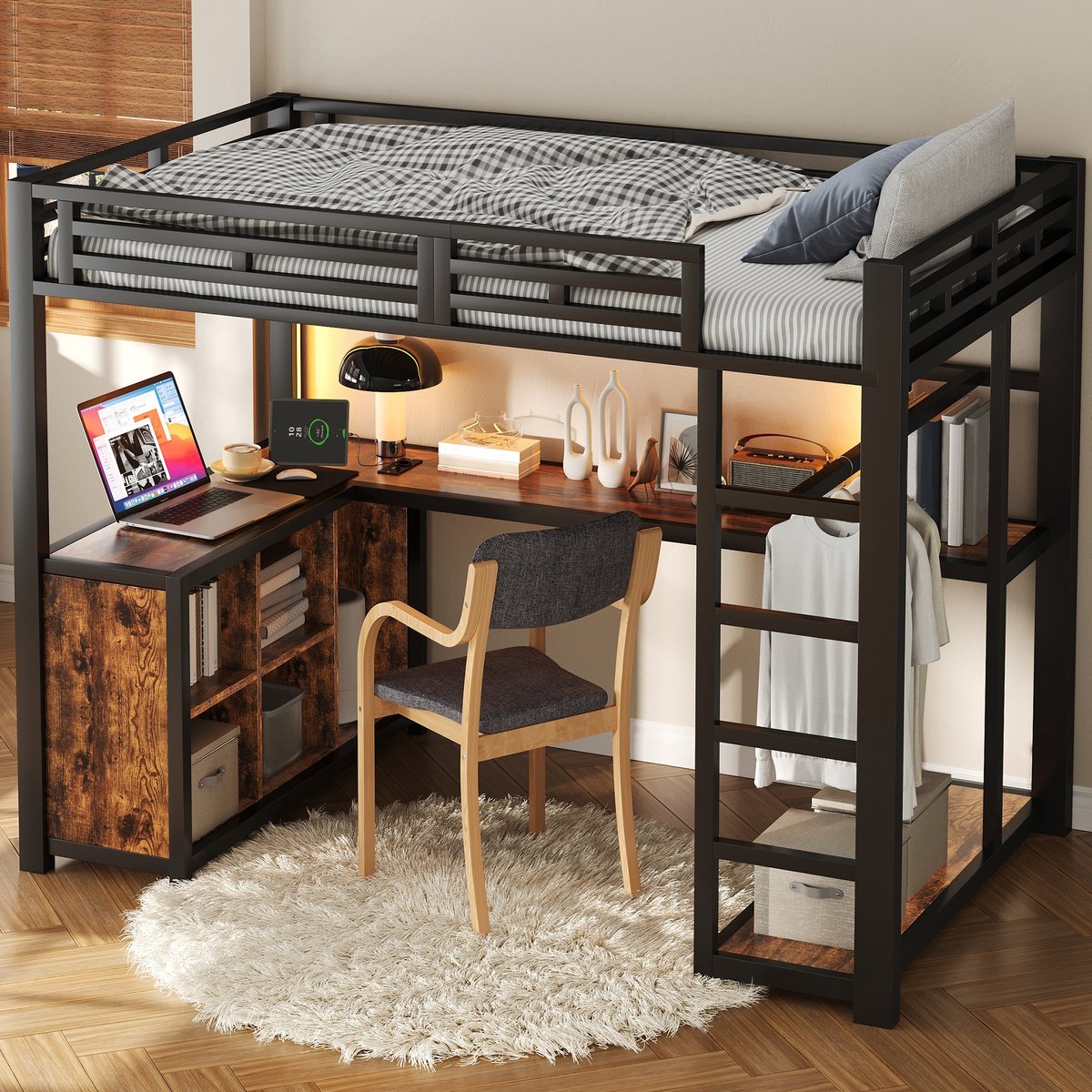 Sweiko Hoogslaper - 140 x 200 cm - Metalen frame - Met bureau - LED-verlichting - USB-aansluiting - Opbergkast - Zwart
