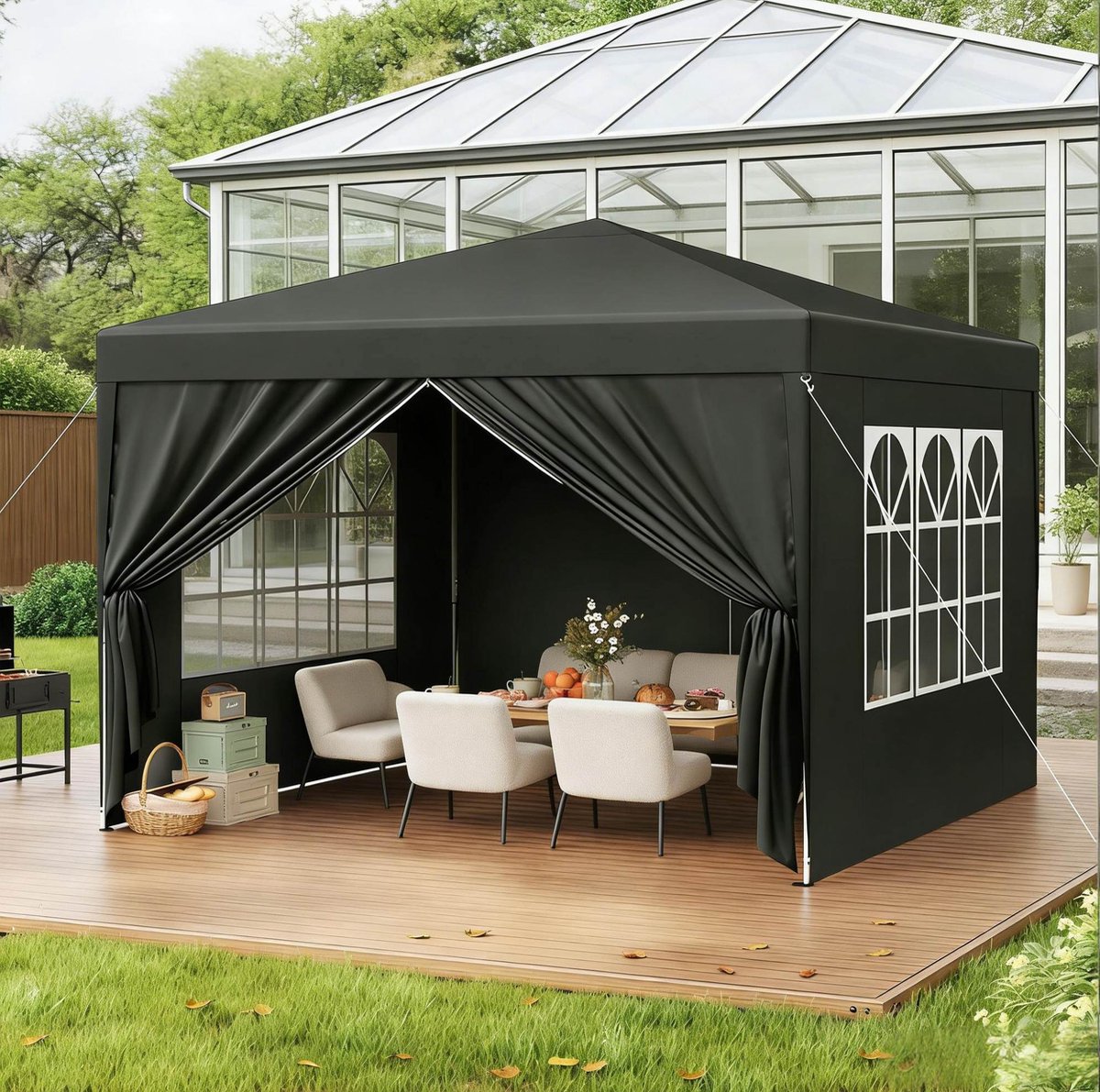 Partytent Paviljoen 300 x 300 cm Verstelbare Hoogte IJzer Oxford Zwart Waterdicht Opvouwbaar Voor Tuin