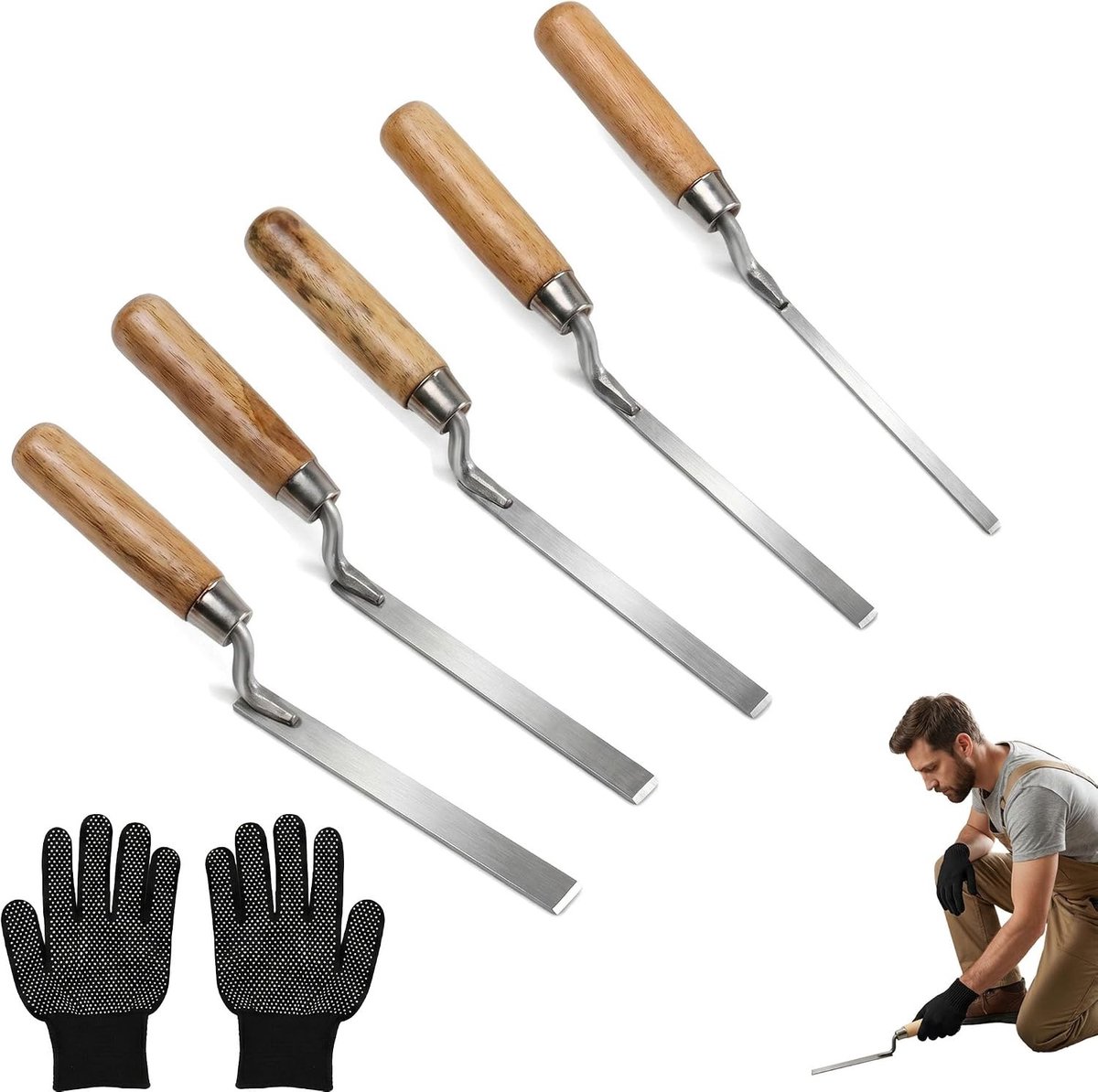 Voegentoebehoren set van 5 stuks met houten handvat voor voegen, tegels en cement, inclusief handschoenen