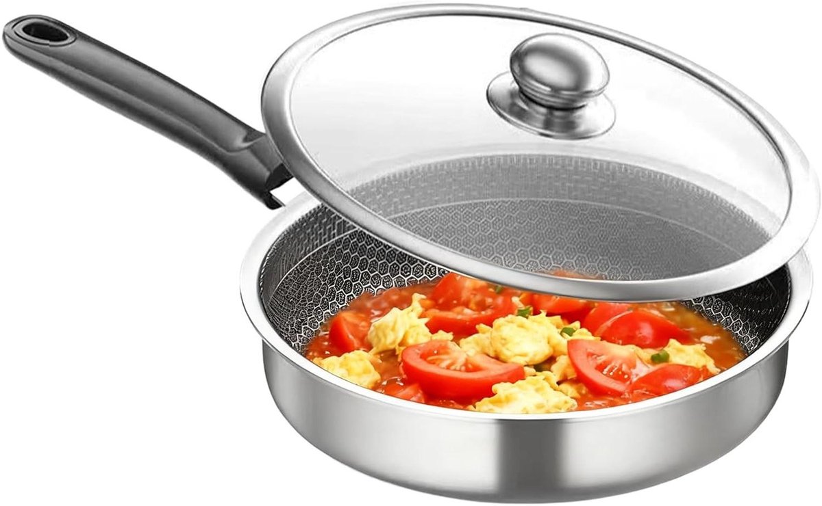 Roestvrijstalen Koekenpan - Inductiepan Kookgerei - Gelijkmatig Koken - Krasbestendige Coating - 30 cm - Zilver