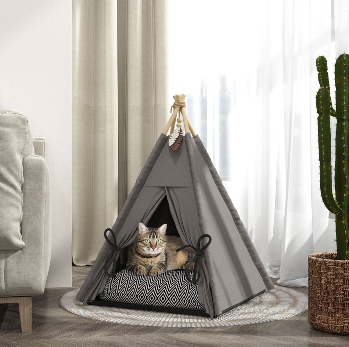 REDOM - Dierenhuis - Tipi huisdierentent - Afneembaar wasbaar kussen - Antislip bodem - Voor kat en kleine hond - Polyester en hout - Grijs - 60 x 60 x 76 cm