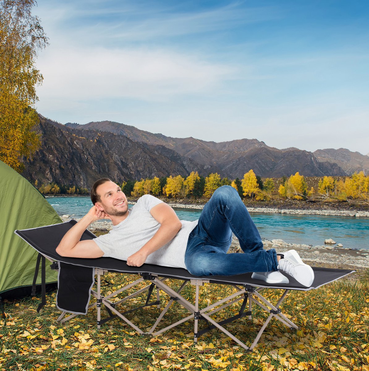 COVREO Veldbed 190x68x52 cm zwart, polyester met draagtas opvouwbaar
